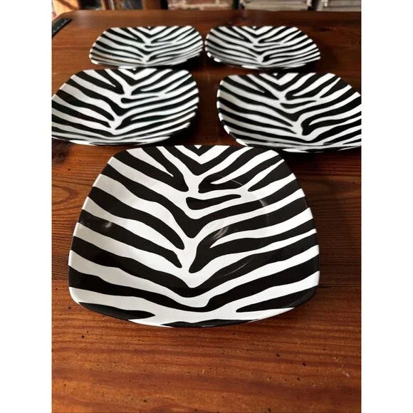 Set Of 5 - 222 Fifth Zebra Print 8.25” Square Salad/Dessert Plate Fine China